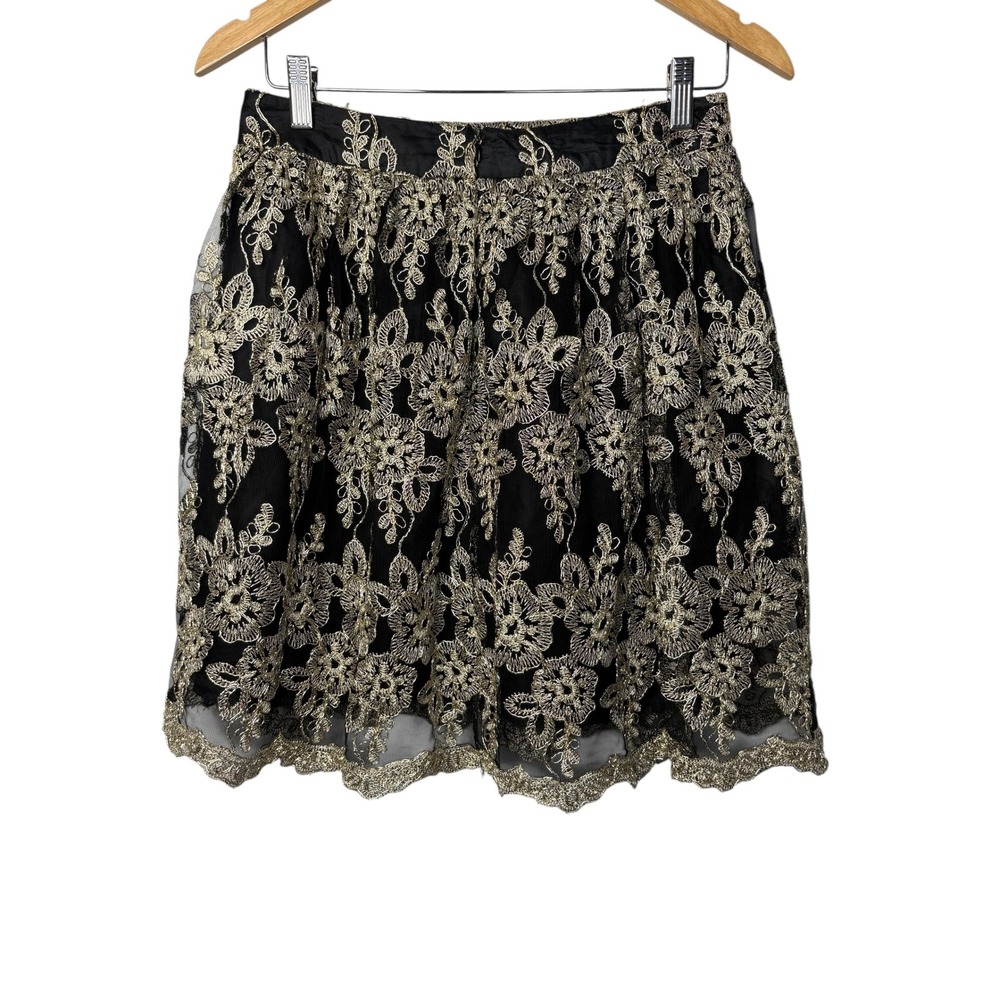 Buttons Black Gold Floral Lace Skirt Sparkle‎ Party Layered Elegant Size Small